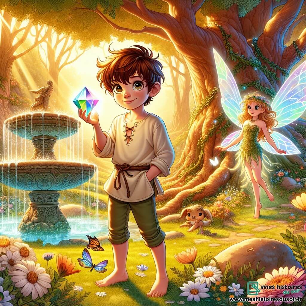 Thibault, un garçon de 10 ans aux cheveux châtains et aux yeux curieux, se tient dans une clairière enchantée, tenant le Cristal Étoilé qui brille de couleurs vives. Il porte une tunique simple et des pantalons en toile, pieds nus sur l'herbe. À ses côtés, Aveline, la fée des chants, flotte avec ses ailes scintillantes, vêtue d'une robe en pétales de fleurs, souriant fièrement à Thibault. La clairière, baignée de lumière dorée, est entourée d'arbres majestueux et d'une fontaine de pierre, tandis que des fleurs et des papillons ajoutent de la magie à l'atmosphère. Thibault a restauré la lumière dans le royaume des fées, et une ambiance de joie et de triomphe règne alors que les fées émergent des arbres pour célébrer.