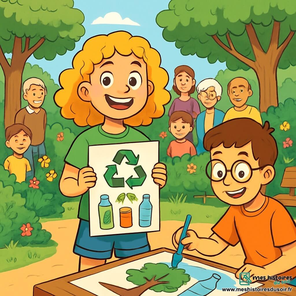 Clara, une fille de 12 ans aux cheveux bouclés et dorés, se tient au centre de l'image, rayonnante d'enthousiasme. Elle porte un t-shirt vert avec un dessin d'arbre et un short en jean, tenant une affiche sur le recyclage. À ses côtés, Lucas, un garçon de 12 ans aux cheveux bruns et lunettes rondes, sourit en peignant une affiche colorée représentant un arbre et des bouteilles en plastique. En arrière-plan, le parc central de Verdiville est verdoyant, avec des arbres, des fleurs et des bancs en bois. Des voisins de tous âges se rassemblent autour d'eux, écoutant et participant à l'atelier, créant une atmosphère joyeuse et collaborative, illustrant l'engagement de la communauté pour l'écologie.