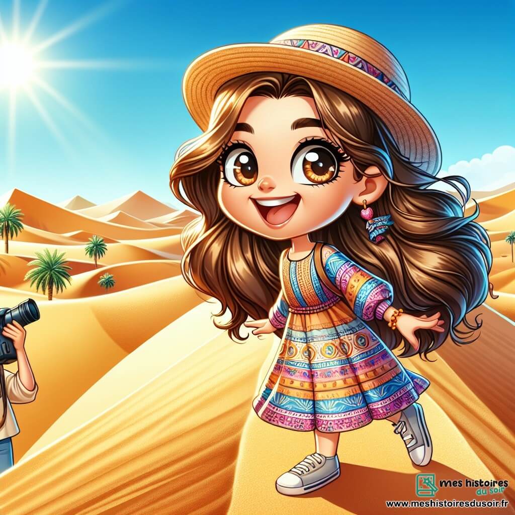 Une petite fille de 8 ans nommée Maya, avec de longs cheveux bruns et des yeux curieux, se tient au sommet d'une dune dorée du désert du Sahara. Elle porte une robe légère colorée et un chapeau de paille, son visage rayonnant de joie. À ses côtés, sa maman, une femme d'une trentaine d'années avec des cheveux châtains, prend des photos, tandis que son papa, un homme de son âge avec une barbe légère, examine une carte. Le désert s'étend à perte de vue sous un ciel bleu parsemé de nuages, avec quelques palmiers ajoutant de la verdure. Maya, pleine d'énergie, court vers le sommet d'une dune, levant les bras en signe de victoire, encouragée par sa famille.