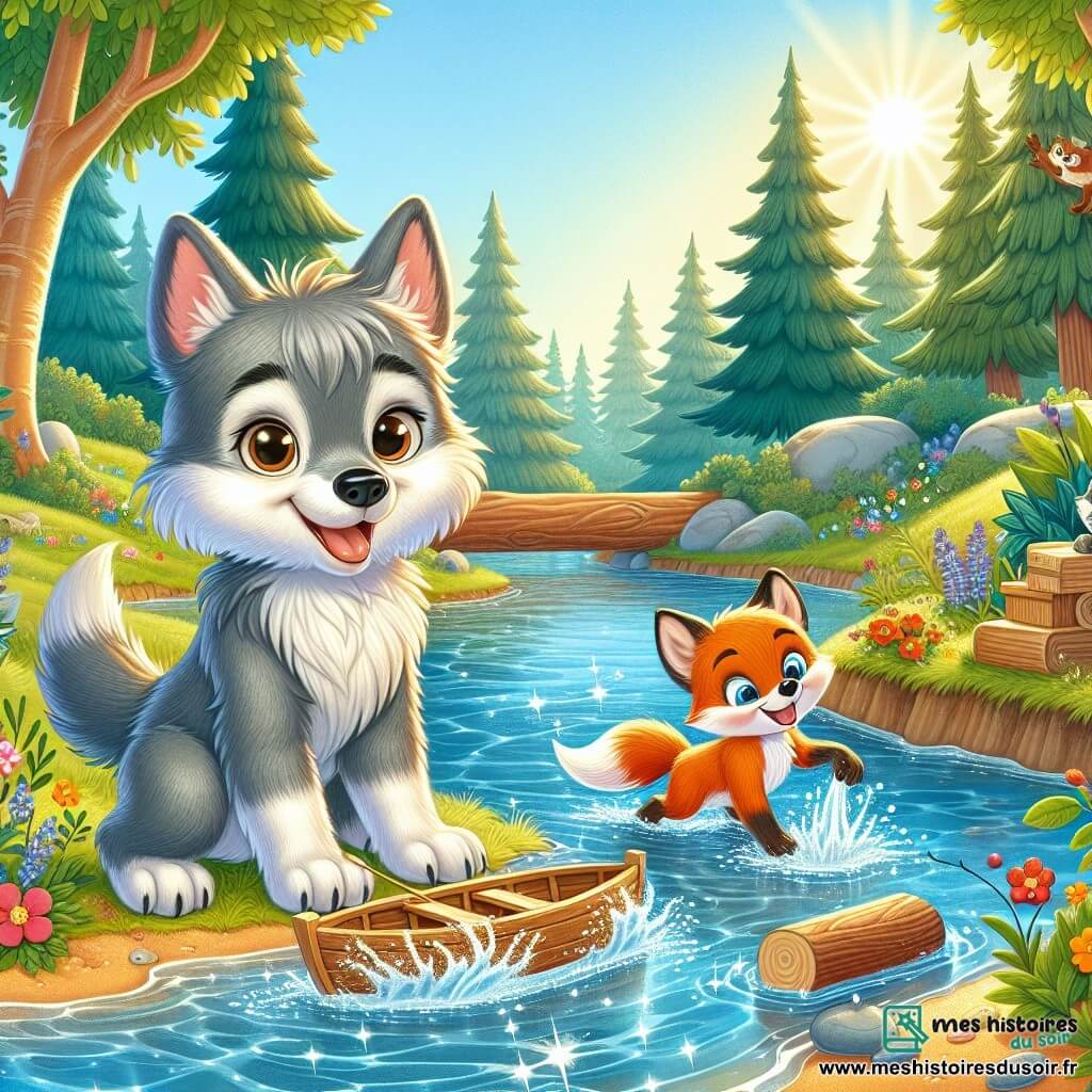 Loulou, un petit loup au pelage gris et aux yeux curieux, se tient au bord d'un ruisseau, souriant joyeusement avec ses pattes dans l'eau. À ses côtés, Max, un renard orange vif, rit en lançant une pierre dans l'eau, éclaboussant Loulou. Le ruisseau scintille sous le soleil, entouré d'arbres verts et de fleurs colorées. Loulou et Max s'amusent à construire un bateau en bois, célébrant leur amitié dans la joie.