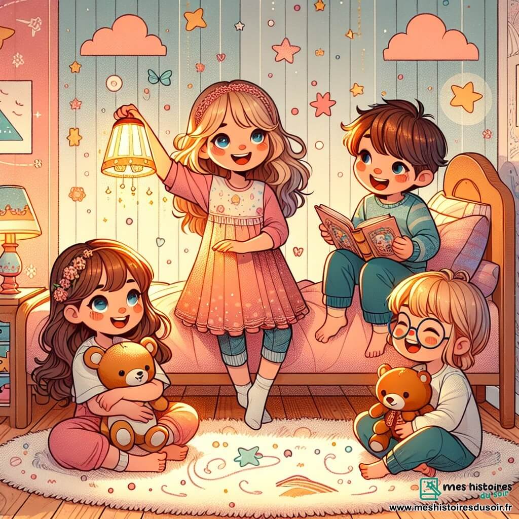 Dans une chambre chaleureuse, quatre enfants sont réunis. Louna, 7 ans, est assise sur un tapis moelleux avec son doudou. À sa gauche, Mia, 8 ans, sourit en tenant une lampe qui projette une lumière dorée. À droite, Zoé, 7 ans, lit un livre coloré assise sur le lit. Sam, 6 ans, chante joyeusement, les bras levés. La chambre aux murs pastel est décorée d'étoiles et de nuages, avec un grand tapis en forme de nuage et des peluches éparpillées. Les enfants chantent ensemble, transformant leur peur du noir en mélodie, entourés de rires et de lumière.