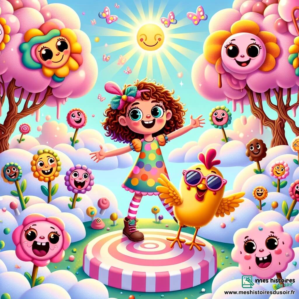 Lila, une petite fille de 6 ans aux grands yeux brillants et aux cheveux bouclés châtains, porte une robe colorée à pois. Elle sourit, émerveillée, debout sur un nu en forme de bonbon, les bras écartés. À ses côtés, Poulpi, un poulet amusant avec des lunettes de soleil et un plumage jaune vif, rit en faisant des grimaces sur une guimauve. Ils se trouvent dans le Pays des Sourires, un monde fantastique avec des arbres en guimauve rose et des fleurs en chocolat multicolore, sous une lumière douce. Lila et Poulpi rient ensemble, entourés de légumes animés portant des chapeaux rigolos, prêts à participer à une course, créant une ambiance festive et joyeuse.