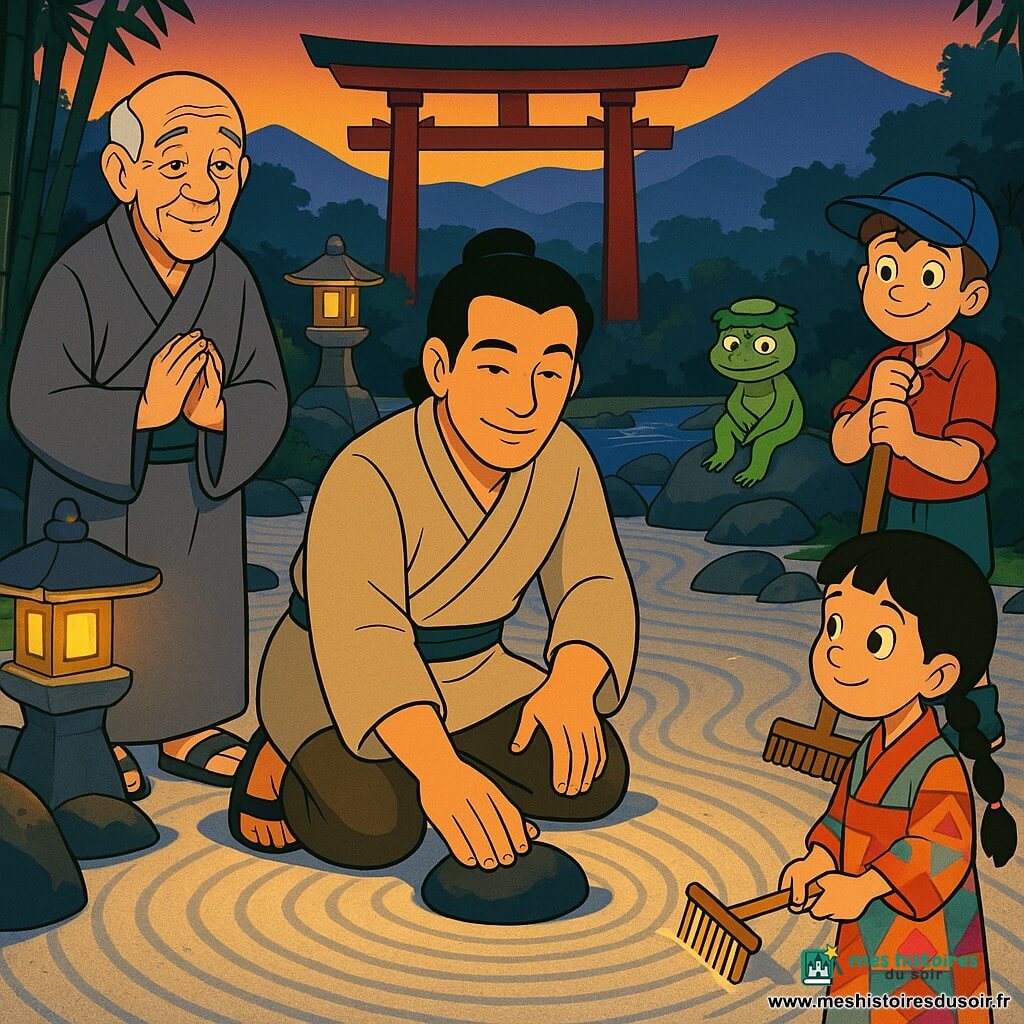 Haru, homme calme dans la trentaine, cheveux en chignon, kimono beige et ceinture verte, pose une pierre noire lisse au centre d’un jardin sec ratissé en vagues ; à sa gauche le vieux maître Jinen en robe grise regarde avec bienveillance, au premier plan droite une fillette en kimono tient un petit râteau et admire, un garçon casquette appuyé sur un balai observe en retrait, un kappa vert est assis sur une pierre près du ruisseau en arrière-plan ; crépuscule, torii rouge, lanternes en pierre et bambous, montagnes bleutées, composition centrée sur la pierre et le geste précis de Haru, atmosphère paisible et lumière dorée.