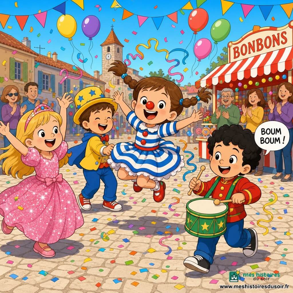 Quatre enfants participent à un carnaval sur une place pavée en plein jour: Léa, 7 ans, cheveux longs blonds en robe rose à paillettes à gauche, danse en levant les bras et sourit; Tom, 6 ans, cheveux bruns courts avec un chapeau jaune étoilé à la droite de Léa, tourne en rigolant; Zoé, 5 ans, cheveux châtains en couettes au centre devant, nez de clown rouge et robe rayée bleue et blanche, saute avec des serpentins autour d'elle; Hugo, 4 ans, cheveux bouclés noirs en avant-plan à droite, joue d'un petit tambour vert en faisant "boum boum". Des guirlandes multicolores, des ballons et des confettis flottent au-dessus, un stand de bonbons rouge et blanc et quelques adultes flous applaudissent, le ciel est bleu avec une atmosphère lumineuse et des ombres douces au sol.