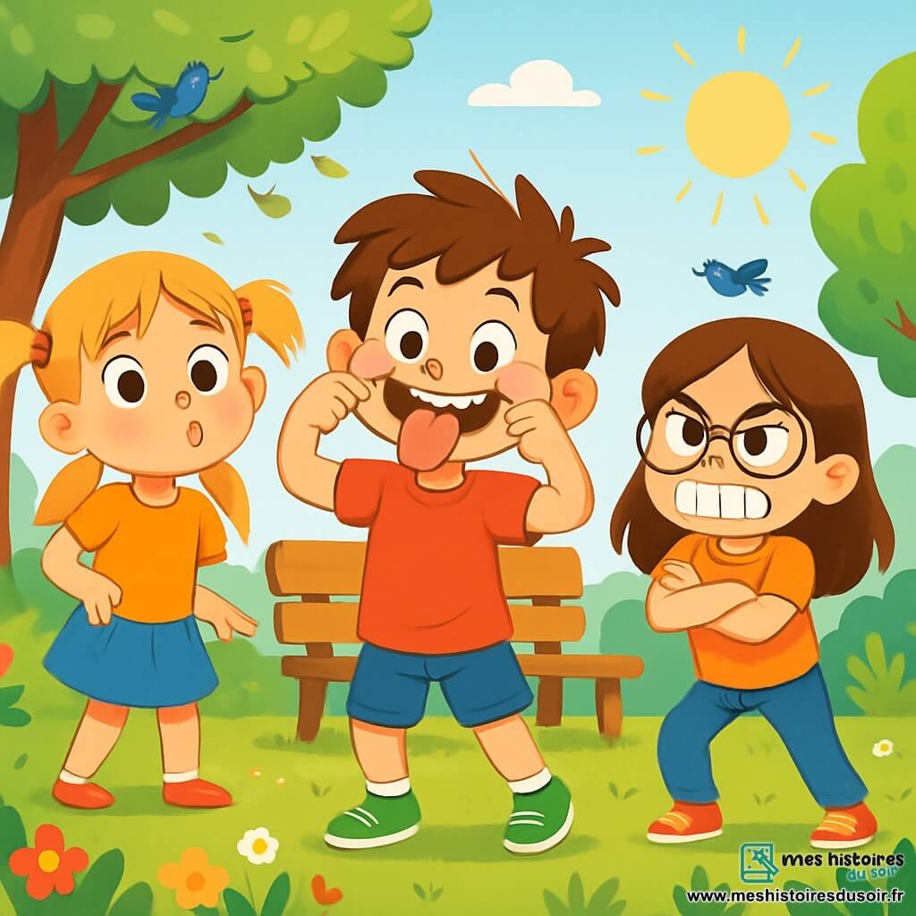 Il y a trois personnages : Simon, un garçon de 6 ans avec des cheveux bruns en bataille et un grand sourire, au centre en train de faire une grimace ; Emma, une fille de 8 ans avec des cheveux longs blonds en couettes, à gauche de Simon, mimant un poisson surpris ; et Zoé, une fille de 10 ans avec des cheveux châtains et des lunettes rondes, à droite de Simon, faisant une grimace de chat fâché. L'image se déroule dans un jardin verdoyant avec des fleurs colorées et des arbres, sous un ciel bleu clair. Les enfants sont en pleine compétition de grimaces, riant et capturant l'énergie de leur jeu, tandis que des oiseaux chantent dans les arbres.