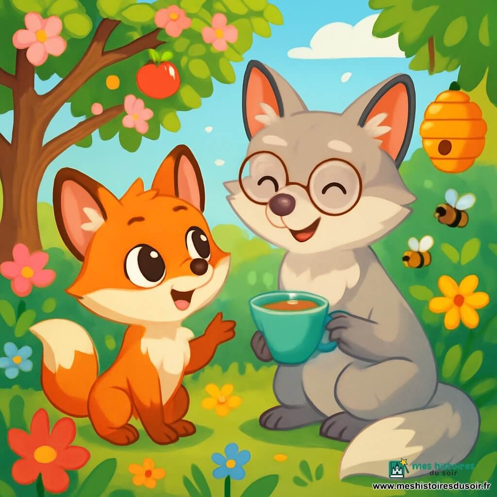 Un petit renard aux fourrures orange vif, avec de grands yeux brillants et des oreilles pointues, se tient au centre de l'image, affichant une expression de curiosité. Il pose une question à sa tante, une renarde au pelage argenté et aux lunettes rondes, qui sourit en tenant une tasse de thé. Le jardin est rempli de fleurs colorées, avec un pommier en fleurs et une ruche à côté. La lumière du soleil filtre à travers les feuilles, créant des ombres sur le sol. Milo, le petit renard, regarde sa tante avec des yeux pétillants, tandis que tante Lune lui explique les merveilles du monde. La scène dégage une atmosphère joyeuse et apaisante, remplie de couleurs vives.