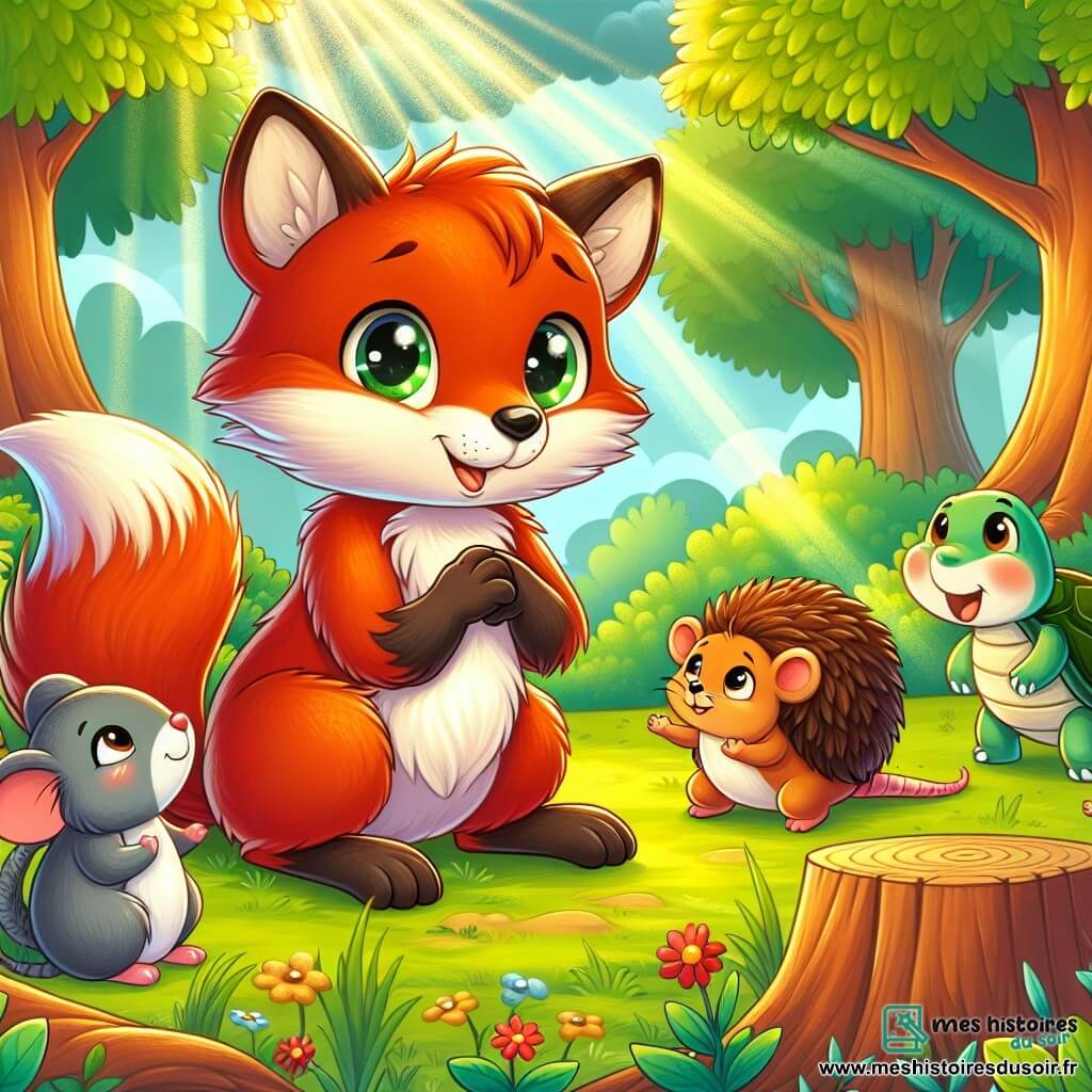 Illustration d'un petit renard à la fourrure rousse et à la queue touffue, assis sur une souche d'arbre, avec des yeux malicieux et un sourire gêné, regardant ses amis. À côté, une petite souris grise, curieuse et attentive, se tient sur ses pattes arrière. Un hérisson amical est assis, les pattes croisées, tandis qu'une tortue au sourire doux observe la scène. La clairière ensoleillée est entourée d'arbres majestueux et de fleurs colorées, avec des rayons de soleil créant des motifs lumineux. Le renard avoue à ses amis avoir menti sur les baies qu'il a mangées, dans une ambiance de sincérité. Un panier de baies rouges, des papillons colorés et des rayons de lumière ajoutent à l'atmosphère chaleureuse.