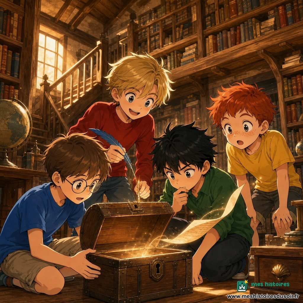 Quatre garçons d'environ 8 ans entourent un petit coffre ancien posé au sol dans une vieille bibliothèque en bois clair : Léo, châtain aux cheveux courts et lunettes rondes, tient doucement le coffre et regarde l'intérieur, Sami, cheveux noirs en bataille et chemise verte, est accroupi à droite, la main sur la lèvre, concentré vers la fente, Hugo, blond avec un pull rouge, se tient derrière le coffre en souriant et brandit une plume bleue au‑dessus de la fente, Noé, roux et taches de rousseur en t‑shirt jaune, est à l'arrière droit, mains sur les genoux et yeux émerveillés vers le courant d'air qui soulève la plume et une feuille; la bibliothèque a des étagères hautes remplies de livres, une petite mezzanine avec escalier en bois, globes sur une table et une armoire basse à poignée coquillage, la lumière dorée filtre par une fenêtre poussiéreuse, atmosphère chaleureuse et poussière lumineuse, style manga aux grands yeux expressifs, contours nets et textures bois/papier visibles.