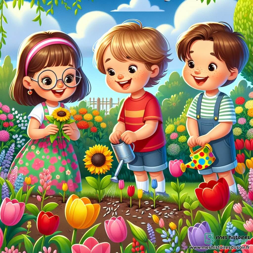 Dans un jardin fleuri, trois enfants s'amusent. Lila, 7 ans, avec des cheveux bruns et des lunettes rondes, est accroupie près de tulipes colorées, tenant des graines de tournesol. Tom, 8 ans, aux cheveux blonds et aux taches de rousseur, est à côté d'elle avec une petite pelle en plastique. Max, 6 ans, avec des cheveux châtains et un grand sourire, tient un arrosoir coloré. Le jardin est rempli de tulipes rouges, jaunes et violettes, sous un ciel bleu avec quelques nuages. Les enfants plantent des graines en riant et s'encourageant, tandis que les fleurs dansent sous la brise printanière.