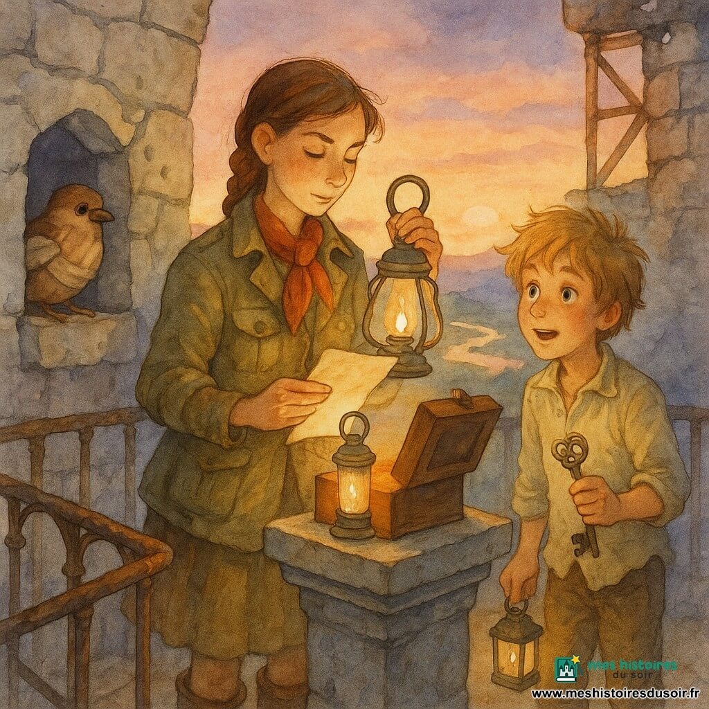 Jeune exploratrice au visage déterminé et serein, cheveux châtain en tresse, veste kaki usée, foulard rouge et bottes de cuir boueuses, lit une lettre à la lueur d'une lampe d'argent en tenant une petite boîte en bois ouverte sur un piédestal ; à sa droite, en retrait, Tom, garçon de 11 ans aux cheveux blonds en bataille et regard émerveillé, tient une clef filigranée et une petite lanterne ; à gauche, un moineau brun blessé repose dans une niche de pierre avec un bandage en tissu beige ; ils se tiennent au sommet d'une tour en ruine (pierres grises craquelées, rembarde en fer rouillé, restes d'échafaudages) offrant une vue sur collines verdoyantes et une rivière au coucher du soleil ; la boîte révèle une plume blanche et une petite carte étoilée, ambiance douce et aventureuse, ciel aquarelle chaud orangé-violet et tons terreux pour la forteresse.