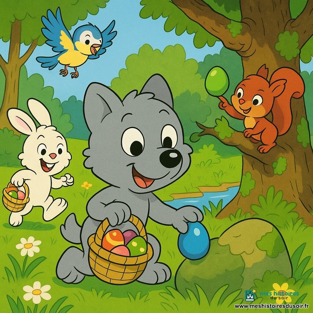 Petit Loup, un louveteau gris clair au sourire joyeux, accroupi en train de cacher un œuf bleu derrière une grosse pierre moussue ; à gauche Petit Lapin, lapin blanc bondissant avec un panier jaunâtre à moitié plein ; à droite, un écureuil roux accroché à une branche d’un vieux chêne pointant vers un œuf vert ; une mésange bleue et jaune vole au‑dessus, chantant ; clairière ensoleillée aux herbes fleuries, ruisseau scintillant et vieux chêne couvert de mousse ; scène joyeuse de chasse aux œufs de Pâques, couleurs vives, style dessin animé années 90.