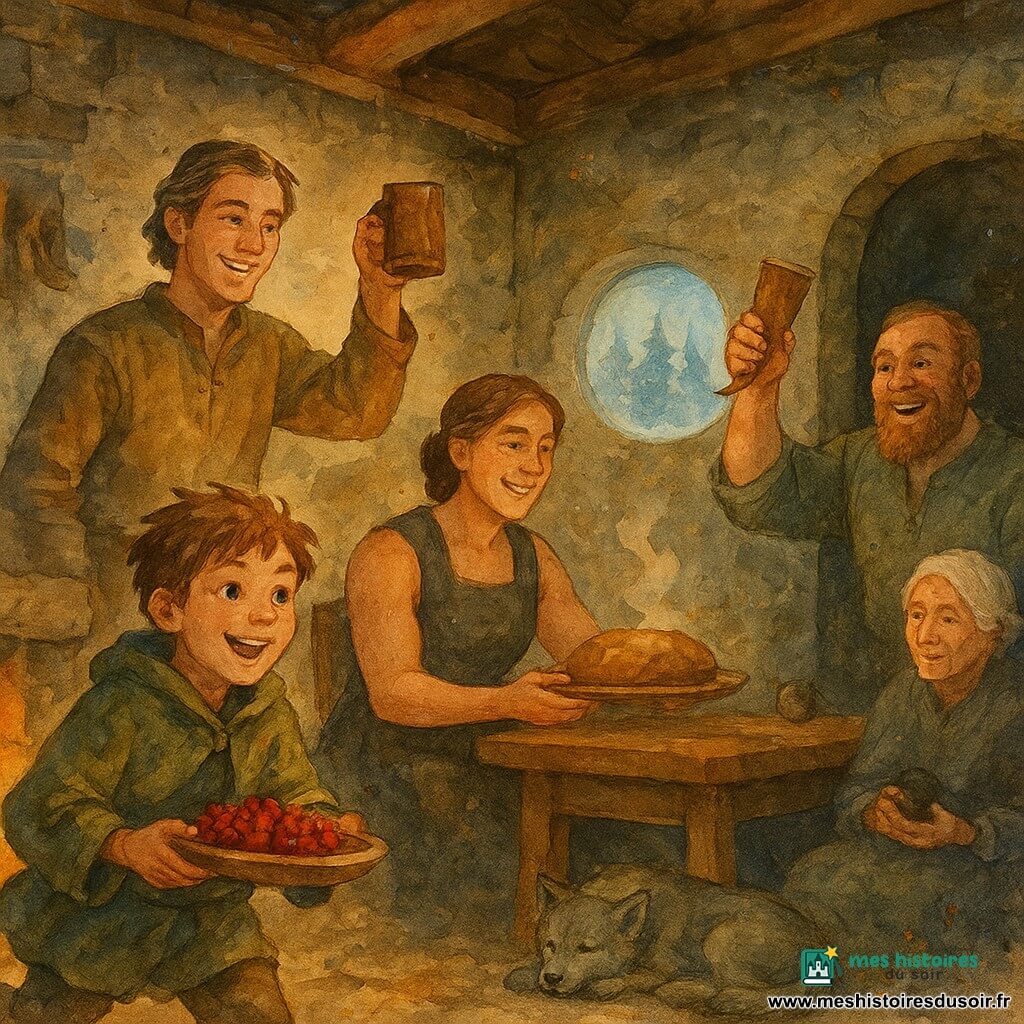 Einar, jeune homme d'environ 25–30 ans aux cheveux châtains tirés en arrière et mèches argentées, lève une tasse de bois près du foyer ; Åsa, forgeronne d'environ 30–35 ans au tablier noirci, pose un plat de pain fumant assise à une table en bois ; Bjørn, pêcheur d'environ 30–35 ans à la barbe claire, tient une corne de cidre derrière elle en riant ; Aina, vieille femme d'environ 70 ans aux cheveux blancs en chignon, est assise dans l'ombre avec une petite pierre noire dans la paume ; un apprenti d'environ 10 ans apporte des baies émerveillé et le louveteau Sølv dort roulé au pied d'Einar ; intérieur du refuge aux murs de pierre, poutres visibles et grande table, fenêtre ronde montrant sapins enneigés et aurore, banquet de célébration autour d'un feu chaud, plats fumants et atmosphère conviviale.