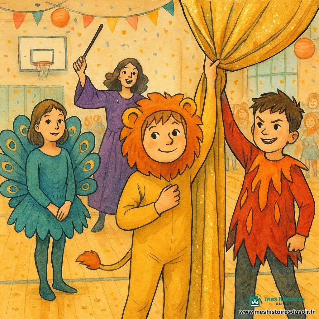 Au premier plan, Léo, 10 ans, en costume de lion jaune à crinière rousse tient le rideau doré d'une main et lève l'autre, sourire timide; à sa droite Malo, 10 ans, déguisé en volcan rouge, aide à soutenir le rideau, déterminé; légèrement derrière et à gauche, une fille de 9–10 ans en paon avec traîne bleu-vert sourit; la maîtresse magicienne en robe violette et baguette se tient près de l'appareil, main levée; le gymnase à parquet est décoré de guirlandes, lampions et confettis; le rideau doré est partiellement décroché retenu par Léo et Malo et des enfants costumés forment une foule joyeuse en arrière-plan prête pour la photo de carnaval.