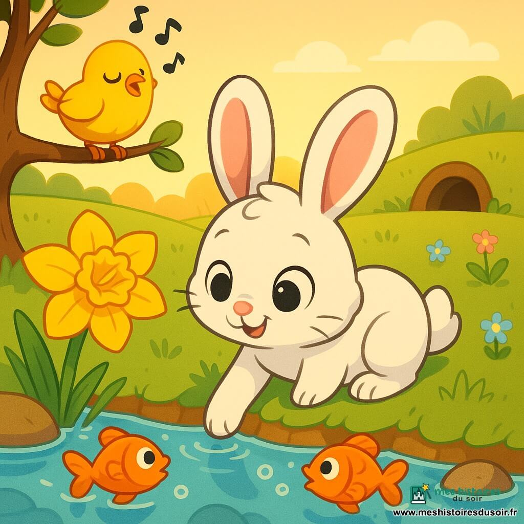 Petit Lapin, un lapin blanc aux oreilles roses et aux grands yeux brillants, trempe sa patte dans un ruisseau peu profond ; un petit oiseau jaune perché sur une branche chante, deux poissons orange jouent dans l'eau, une jonquille jaune fleurit à côté, le tout dans un pré printanier lumineux aux herbes et fleurs dispersées, soleil bas à l'horizon, ambiance chaleureuse, couleurs saturées et contours nets, composition centrée sur la rencontre au bord de l'eau.