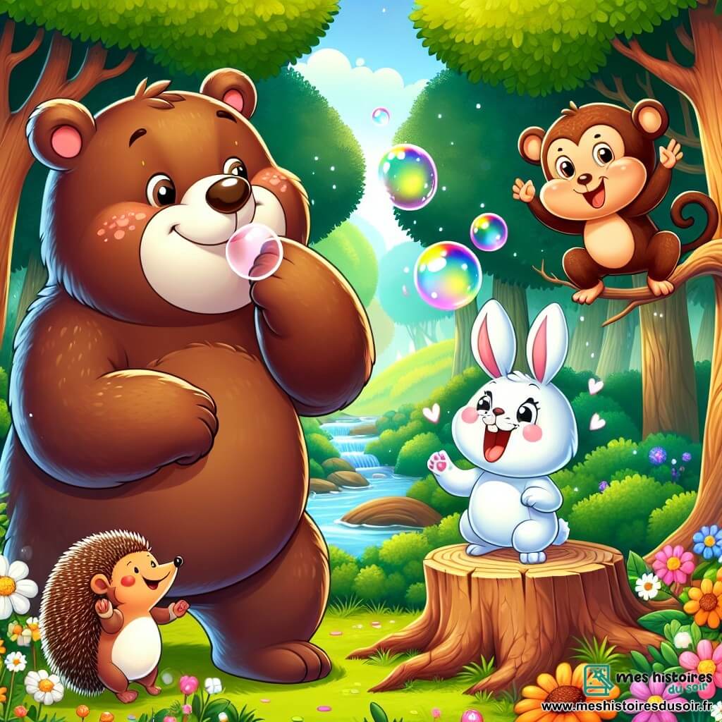 Un grand ours marron nommé Oscar, souriant et joyeux, souffle dans une bulle de gomme à mâcher. À côté, une petite lapine blanche nommée Lila saute de joie en essayant de faire une bulle qui éclate vite. Un singe farceur nommé Max, riant sur une souche d'arbre, forme une bulle en cœur. Un hérisson nommé Titi, concentré, tente de souffler une bulle assis dans l'herbe, entouré de fleurs colorées. La scène se déroule dans une forêt magique avec des arbres géants, des fleurs vives et un ruisseau scintillant, où les amis s'amusent à faire des bulles, créant une atmosphère de bonheur et d'amitié.