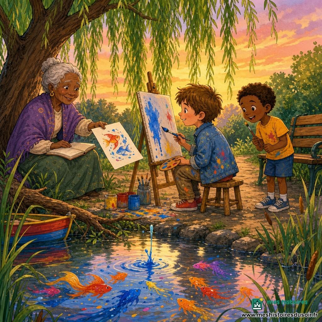 Jeune artiste souriant et concentré, cheveux châtain clair en bataille, veste en jean tachée de peinture, assis sur un tabouret en bois, tenant un pinceau chargé de bleu et regardant une toile sur un chevalet près d’un étang calme. Une femme d’environ 70 ans aux cheveux argentés en chignon, visage doux et ridé, assise sous un saule penché, lui tend un carnet ouvert avec une feuille dessinée. Un garçon d’environ 6 ans, cheveux bruns courts et sourire émerveillé, debout près d’un banc à droite, tient timidement un petit pinceau. Le décor : étang miroir, joncs verts, saule aux branches tombantes, petit chemin de terre et une barque rouge-jaune-bleu partiellement cachée. Après une goutte de peinture renversée, des taches colorées se métamorphosent en poissons stylisés dans l’eau, reflets brillants, éclaboussures vives, gestes amicaux, ambiance douce et lumineuse au crépuscule, contours nets et lavis de couleur.