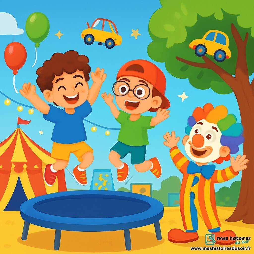 Il y a trois personnages : Léo, un garçon de 8 ans aux cheveux bruns et bouclés, en t-shirt bleu et short jaune, qui saute sur un trampoline avec un grand sourire ; Max, également âgé de 8 ans, portant une casquette rouge à l'envers et des lunettes, en t-shirt vert et pantalon court, qui saute joyeusement à côté de Léo ; et Zigzag, un clown joyeux avec un nez rouge et des cheveux multicolores, en costume rayé, qui encourage les garçons depuis le sol. L'action se déroule derrière la grande tente du Cirque des Merveilles, décorée de couleurs vives, de ballons et de lumières scintillantes, où Léo et Max tentent d'attraper une petite voiture de clown coincée dans un arbre, tandis que Zigzag les encourage, créant une ambiance dynamique et joyeuse.