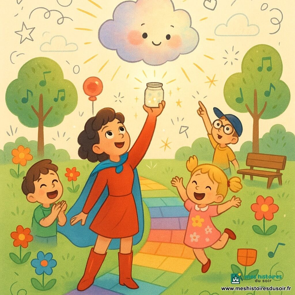 Lumi, super-héroïne souriante aux yeux pétillants, cape bleu ciel et bottes rouges, tend un petit bocal scintillant vers le ciel pour aider un nuage vivant pastel, doux et timide, qui s’élève en le recevant tandis que des enfants — un garçon de 6 ans en t-shirt vert applaudissant, une fillette de 5 ans en robe à fleurs qui saute, et un garçon de 8 ans à peau foncée avec lunettes et casquette bleue — regardent émerveillés dans le parc des Arc-en-ciel, pelouse verte, allée en pavés multicolores, fleurs géométriques, arbres en forme de notes et lampadaires en sucette, sous des rayons de soleil et des paillettes.