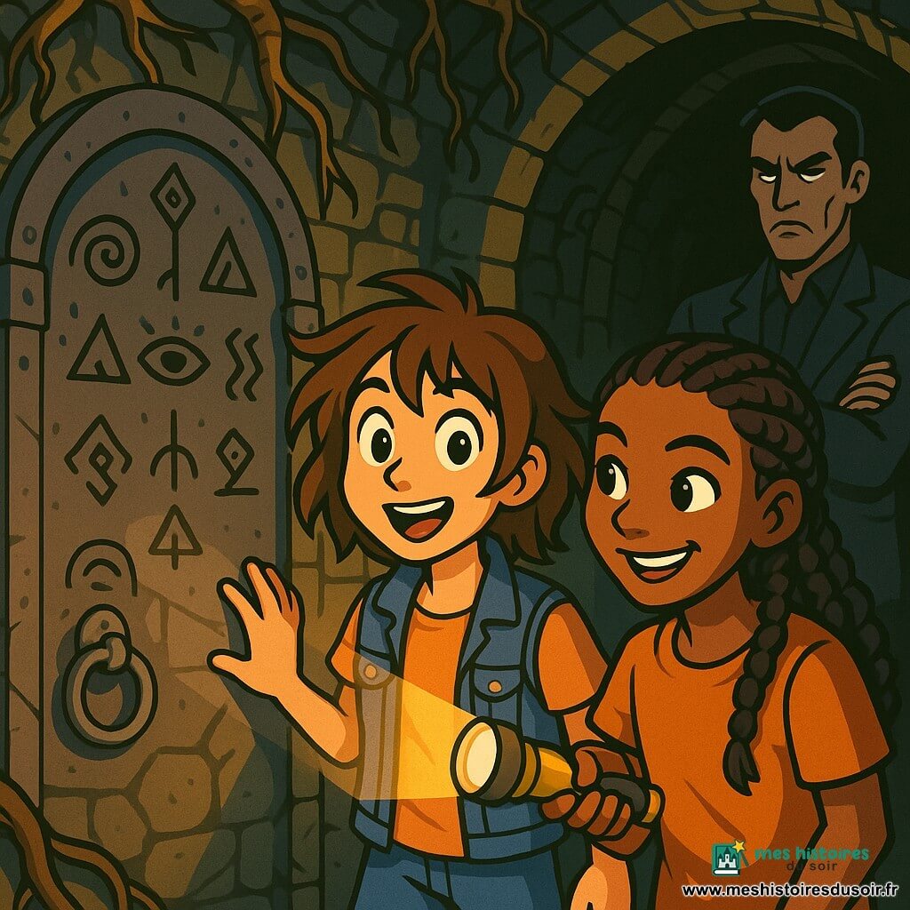 Mila, une fille de douze ans aux cheveux bruns en désordre et aux yeux pétillants, porte un t-shirt bleu et un gilet en jean. Elle se tient devant une porte de métal ornée de symboles anciens, excitée et émerveillée. À ses côtés, Imani, également âgée de douze ans, a la peau couleur d’ambre et des cheveux tressés, souriant malicieusement tout en tenant une lampe torche qui éclaire le tunnel sombre. Ce tunnel mystérieux, aux murs en pierre humide et aux racines épaisses, crée une atmosphère magique et inquiétante. La lumière de la lampe projette des ombres dansantes, ajoutant à l'ambiance d'aventure. Mila et Imani sont prêtes à explorer la Ville Perdue, tandis qu'un homme grand et sombre, M. Karst, les observe d'un regard froid, les bras croisés, comme un gardien des secrets.