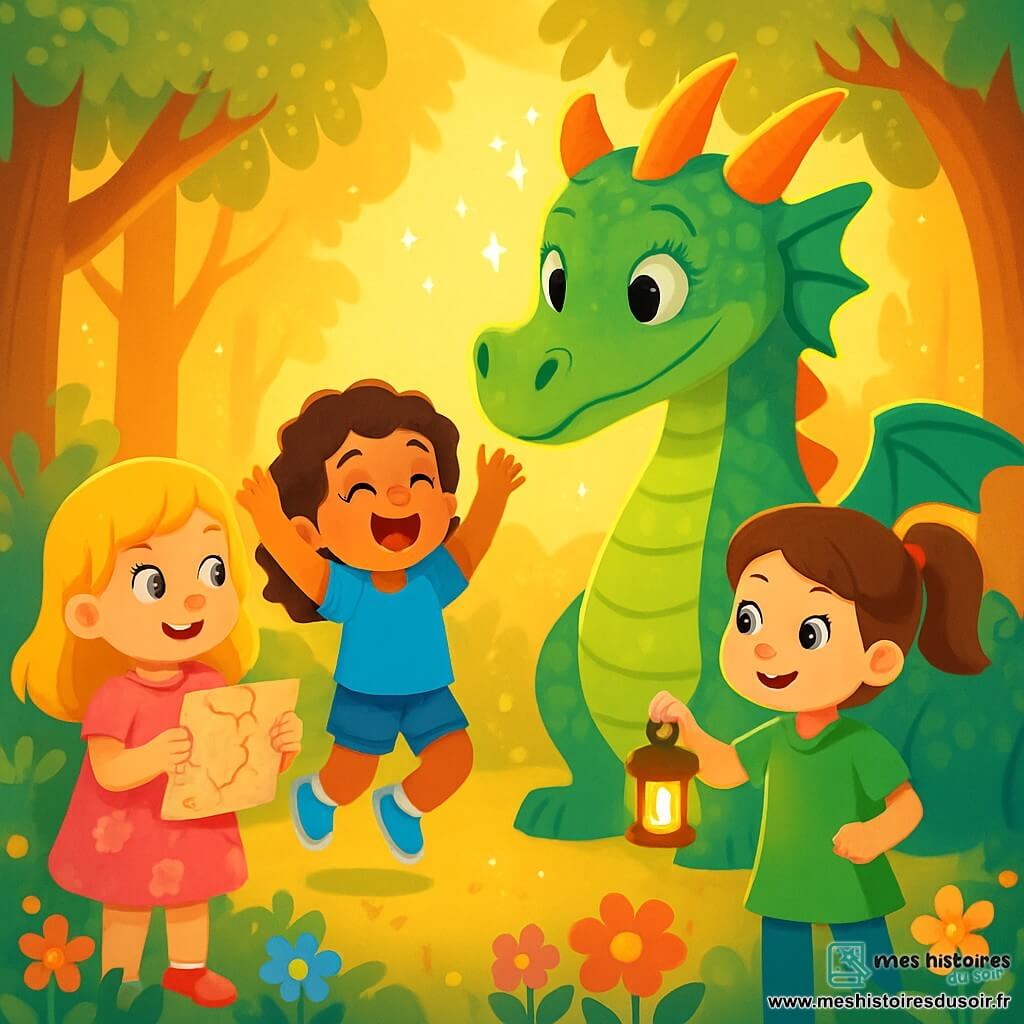 Il y a trois personnages : Lila, une fille de 8 ans aux cheveux dorés, portant une robe rose à fleurs, se tient à gauche avec une carte ancienne. Emma, 7 ans, souriante avec des cheveux bruns bouclés, est au centre, sautillant de joie. Zoé, 9 ans, avec des cheveux châtains en queue de cheval et une tunique verte, est à droite, tenant une lanterne allumée. L'histoire se déroule dans une clairière enchantée, éclairée par une lumière dorée, entourée d'arbres majestueux et de fleurs colorées. Au centre, un dragon aux écailles brillantes, Drako, les observe avec bienveillance. Les trois amies sont émerveillées et prêtes à suivre le dragon dans leur aventure.