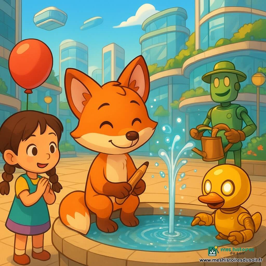 Un renard roux anthropomorphe, enfantin et souriant, assis sur une marche chaude, tient un crayon en bois brillant en regardant la fontaine ; à sa droite, un petit robot canard jaune en métal poli aux yeux ronds lumineux tapote la pierre pour faire sortir le crayon, jovial ; à gauche, une fillette aux tresses, tenue colorée et ballon rouge applaudit, émerveillée ; en arrière-plan, un vieux robot jardinier en acier vert, arrosoir en cuivre et gants rouillés, sourit depuis un parterre surélevé ; la scène, matinée, se situe sur une place de ville futuriste aux larges dalles chaudes, fontaine scintillante, gratte-ciel vitrés à jardins suspendus, tramways flottants translucides, lanternes volantes et plantes aux toits ; le renard chuchote un haïku que ses amis écoutent, les gouttes d'eau et reflets lumineux formant de petites étincelles autour d'eux.