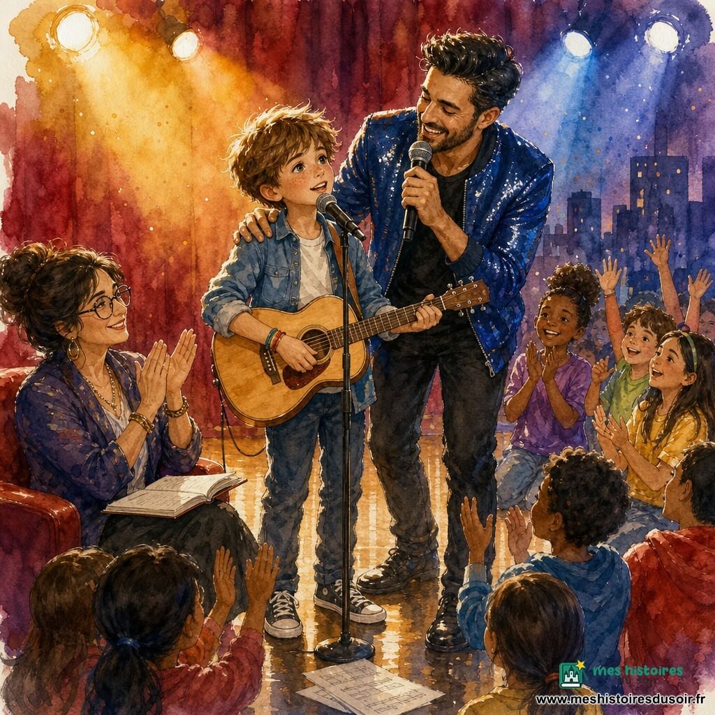 Un garçon de 10 ans, visage rond et taches de rousseur, cheveux châtain clair en bataille, yeux brillants et sourire timide, tient une petite guitare acoustique en bois clair et chante au micro, légèrement penché vers l'avant; à côté de lui, son idole d'environ 35 ans, barbe courte, cheveux noirs coiffés et veste bleu brillante, sourit en posant une main encourageante sur son épaule et tient un grand micro; une juge femme d'environ 40 ans, lunettes rondes et carnet ouvert, est assise au premier rang à gauche et applaudit doucement; autour, un petit groupe d'enfants (8–12 ans) dans le public, silhouettes colorées, mains levées et visages enthousiastes; la scène intérieure a un rideau rouge velouté en arrière-plan, projecteurs jaunes et bleus créant des halos, un plancher en bois brillant et quelques feuilles de partition éparpillées; le garçon chante avec émotion et concentration, l'idole l'accompagne en duo et le public d'enfants applaudit, ambiance joyeuse, intime et colorée.