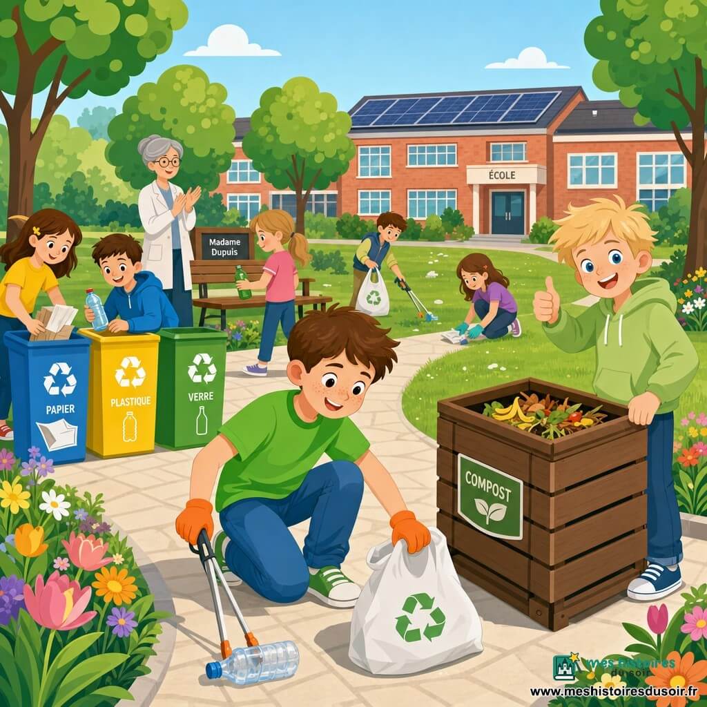 Un garçon de 8 ans, souriant et déterminé, cheveux bruns courts et taches de rousseur, en t‑shirt vert, jean et gants orange, accroupi pour ramasser une bouteille en plastique avec une pince et tenant un sac de recyclage blanc marqué d’un symbole ; un autre garçon de 8 ans (Hugo), joyeux, cheveux blonds en bataille et sweat à capuche vert clair, debout à droite, pouce levé près d’un composteur en bois brun ; Madame Dupuis, enseignante dans la cinquantaine, cheveux gris attachés, lunettes rondes et blouse claire, applaudit près d’un banc en bois ; le lieu est un parc scolaire lumineux avec chemin pavé clair, pelouse, massifs fleuris, arbres à feuilles rondes et panneaux solaires sur le toit d’une école en briques ; plusieurs enfants ramassent des déchets (papier, bouteilles, canettes) et les trient dans des bacs alignés colorés (bleu papier, jaune plastique, vert verre) sous une douce lumière matinale, formes simples et contours nets.