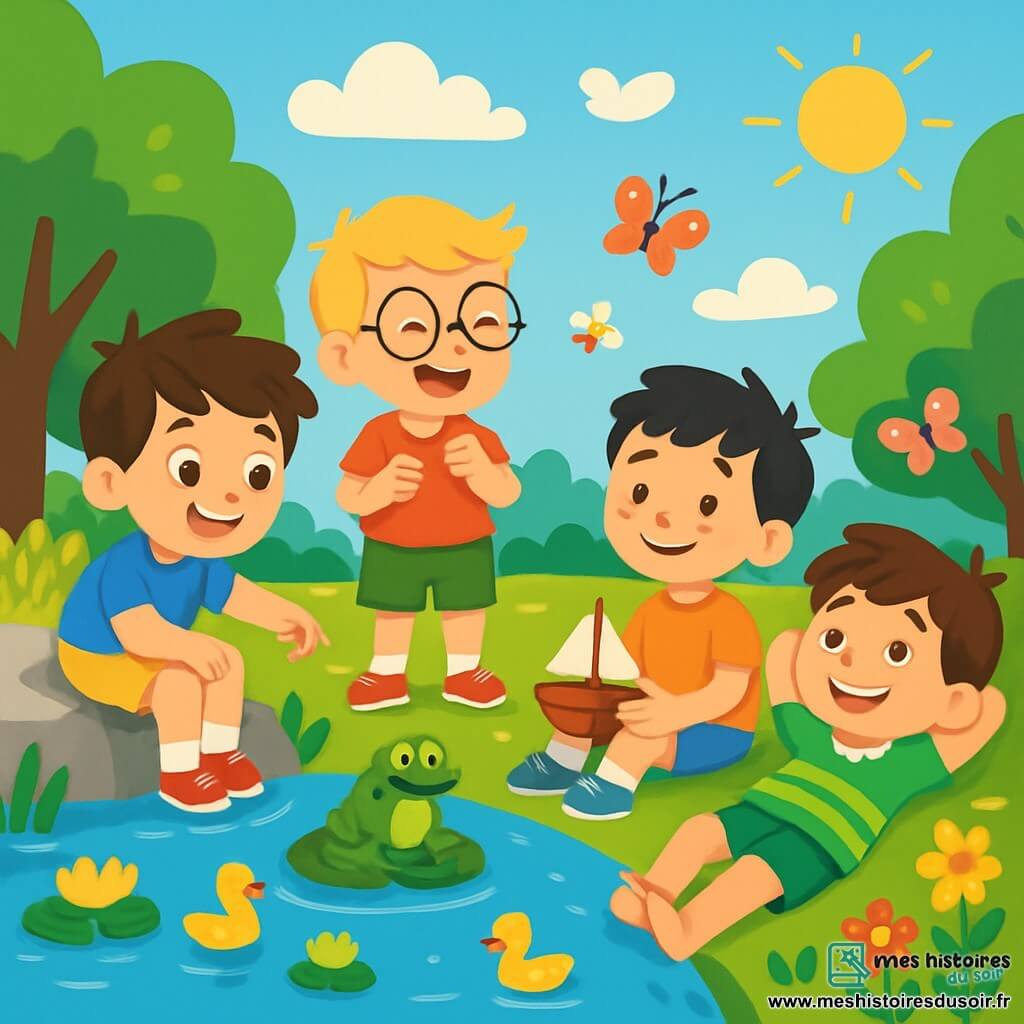 Quatre enfants sont présents au bord d'un lac. Lucas, 6 ans, a des cheveux bruns et porte un t-shirt bleu et un short jaune. Il pointe une grenouille verte. Tom, également 6 ans, a des cheveux blonds et des lunettes rondes, vêtu d'un t-shirt rouge et d'un short vert, rit à côté de Lucas. Max, avec des cheveux noirs et des taches de rousseur, porte un t-shirt orange et un short bleu, assis sur l'herbe avec un petit bateau en bois. Hugo, avec des cheveux châtains et un grand sourire, est allongé sur le dos en t-shirt vert et short à rayures, regardant le ciel. Le cadre est un lac scintillant, entouré d'arbres verts, sous un ciel bleu parsemé de nuages. Les enfants s'amusent, découvrant la nature, entourés de fleurs colorées et de papillons.