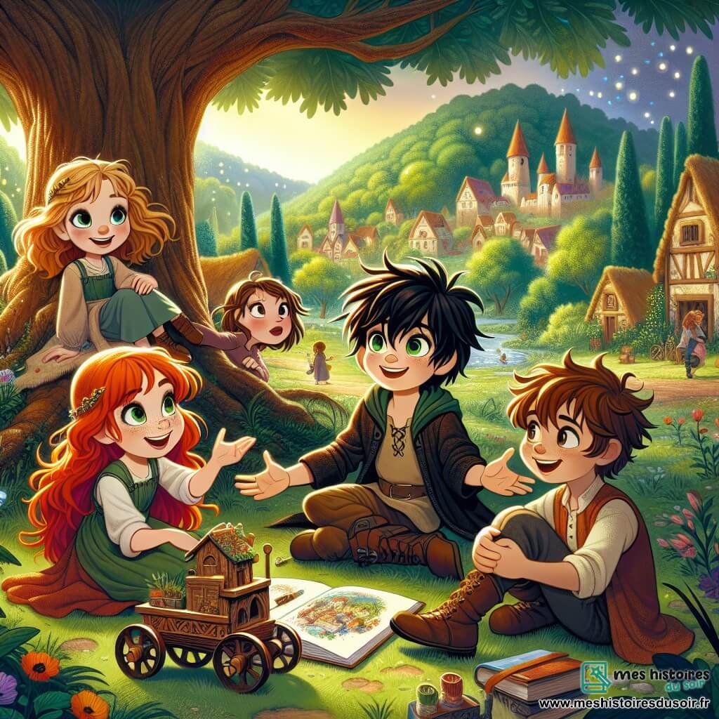 Dans un village magique nommé Lumina, quatre enfants se tiennent sous un grand chêne. Clara, une fille de onze ans aux cheveux roux, sourit en tenant une charrette en bois qu'elle a construite avec ses amis. À côté, Julien, un garçon aux cheveux noirs, admire la charrette. Alex, avec des cheveux châtains et des lunettes, explique une idée avec enthousiasme. Léa, aux cheveux bruns, est assise sur une branche, prête à dessiner. La scène se déroule dans une clairière lumineuse, entourée de fleurs colorées et de lucioles, symbolisant leur amitié et leur créativité dans une atmosphère joyeuse et harmonieuse.