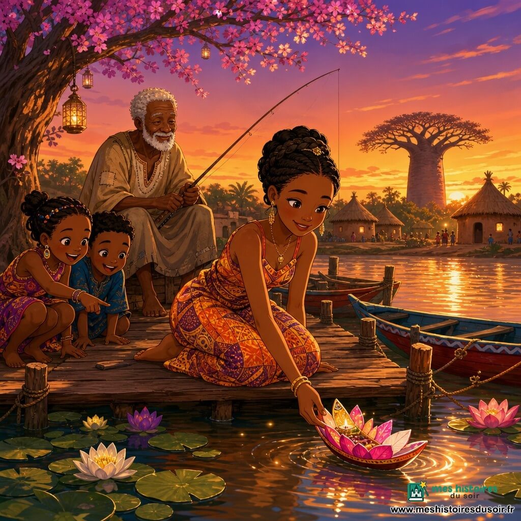 Awa, sourire doux, yeux noisette et peau caramel, cheveux noirs en couronne de tresses, se tient pieds nus sur un quai en bois et pose délicatement sur l'eau une fleur en forme de petite pirogue en regardant l'eau émerveillée; un vieil homme pêcheur aux cheveux blancs et visage ridé, assis sur une caisse à gauche, tient une canne à pêche et hoche la tête, deux enfants bruns (8 et 6 ans) accroupis près des racines rient et pointent la fleur. Le quai de fleuve africain au coucher de soleil offre un ciel orange et violet, eau miroitante, nénuphars, pirogues peintes attachées au quai, cases en banco et un baobab au loin; tout le village regarde, ambiance douce et magique centrée sur Awa et la fleur-glissant-sur-l'eau.