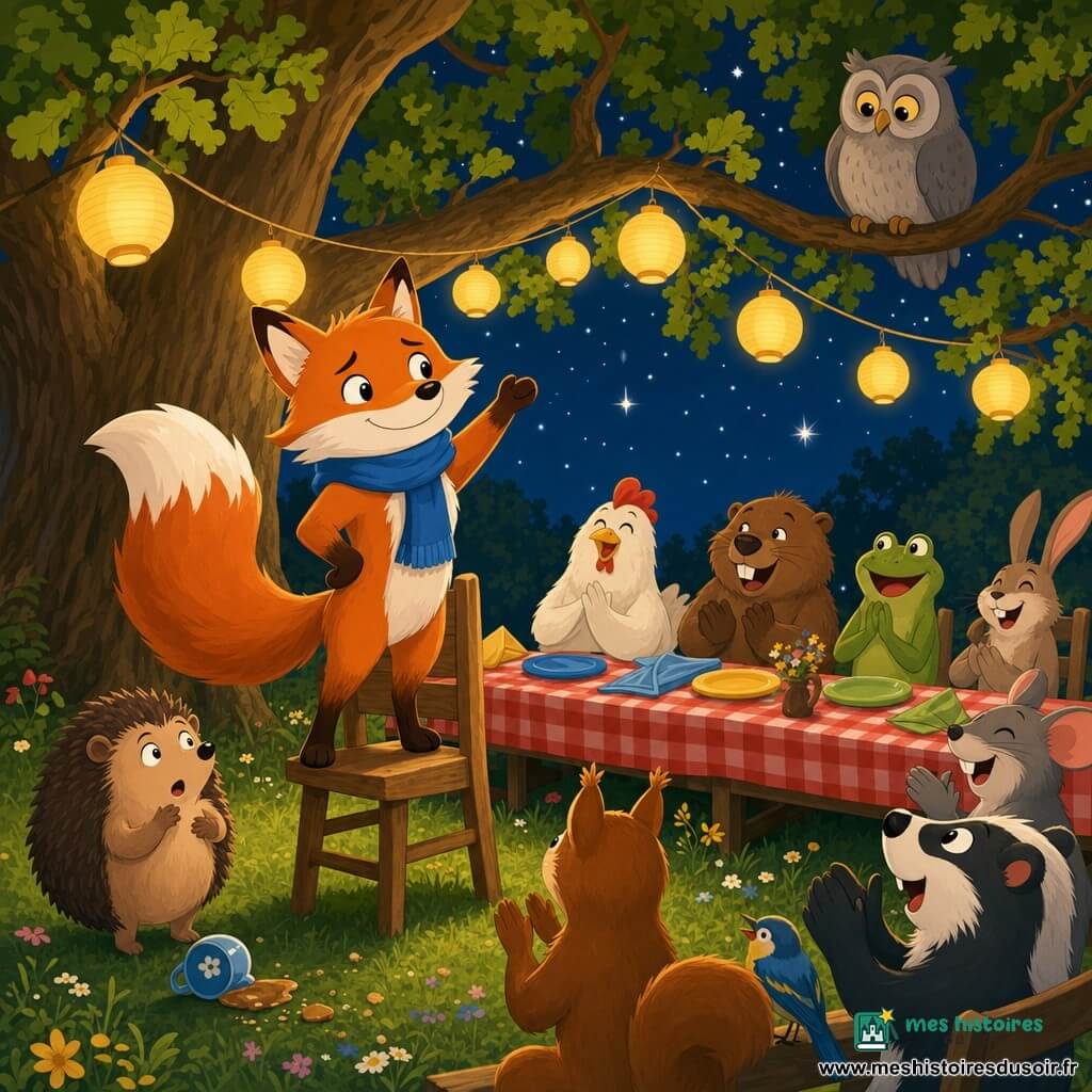 Félix, petit renard roux à la queue blanche touffue et écharpe bleue, debout sur une chaise, patte levée comme pour annoncer le dessert ; à sa gauche, un petit hérisson brun aux piquants arrondis, yeux surpris et tasse renversée avec quelques miettes ; un vieux hibou gris posé sur une branche de chêne, regardant la scène depuis la droite ; autour d'une longue table en clairière nocturne, d'autres animaux (poule, castor, grenouille) applaudissent et rient sous des lanternes jaunes suspendues aux branches, nappes à carreaux rouges, ciel étoilé, herbe et fleurs — ambiance chaleureuse, drôle et apaisante.