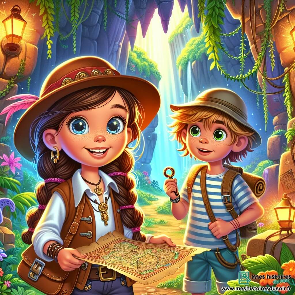 Léa, une exploratrice de 10 ans avec de longs cheveux bruns tressés et un chapeau d'aventurière, sourit en tenant une vieille carte au trésor. À ses côtés, Tom, un garçon de 9 ans aux cheveux blonds en bataille et un t-shirt rayé, regarde la carte avec excitation. Ils se trouvent à l'entrée d'une grotte mystérieuse, entourée de falaises et de feuillages. Des lianes et des fleurs colorées décorent l'entrée, tandis qu'une lumière douce crée une ambiance magique. Prêts à entrer, ils insèrent une clé brillante dans la serrure, tandis que l'atmosphère est chargée de suspense et d'aventure, laissant présager des trésors cachés.