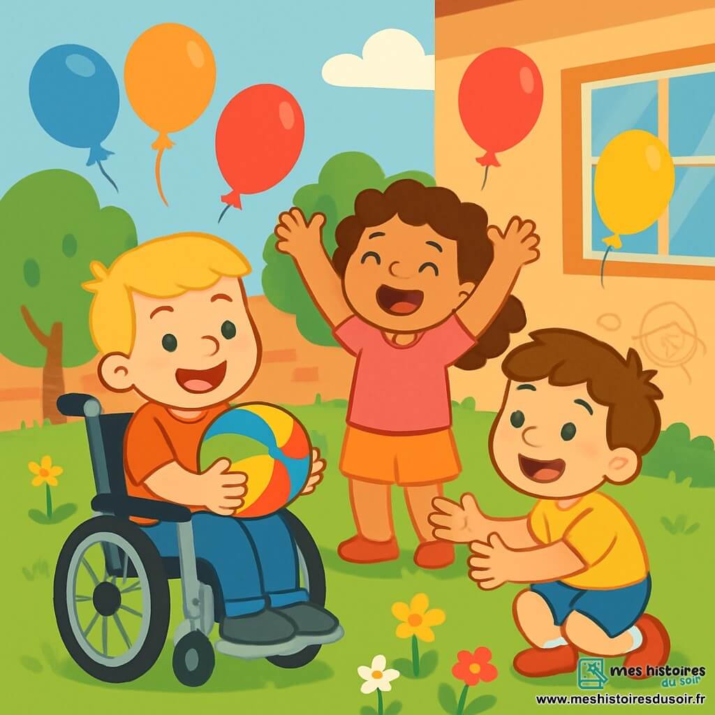 Il y a trois personnages : Lucas, un garçon de 7 ans aux cheveux blonds, souriant dans son fauteuil roulant avec un ballon coloré ; Emma, une fille de 6 ans avec des boucles brunes, riant à côté de lui ; et Max, un garçon de 7 ans aux cheveux châtains, accroupi devant Lucas, prêt à attraper un ballon. La scène se déroule dans un jardin d'école ensoleillé, rempli de fleurs et d'arbres, avec un sol en herbe et un mur de l'école décoré de dessins d'enfants. Les enfants jouent à un jeu de ballons, créant une atmosphère joyeuse et amicale.