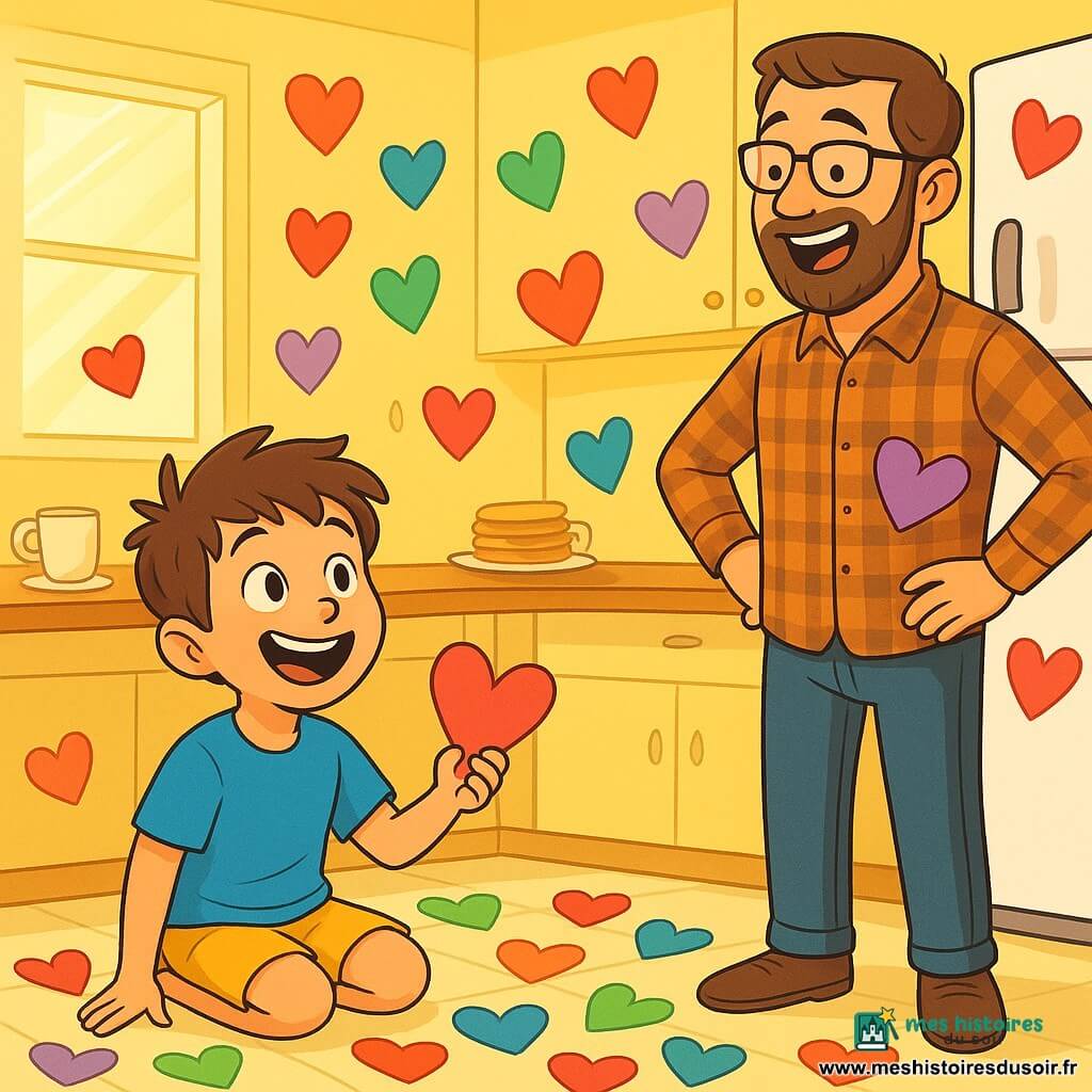 Léo, un garçon de 8 ans aux cheveux châtains en bataille et aux yeux pétillants, est assis par terre, entouré de cœurs en papier multicolores. Il porte un t-shirt bleu vif et un short jaune, affichant un sourire joyeux. À côté de lui, son père, un homme d'une trentaine d'années avec une légère barbe et des lunettes, rit en découvrant un cœur accroché à la porte du frigo. La scène se déroule dans une cuisine lumineuse aux murs jaunes pastel, avec une table en bois chargée de tasses de café et d'assiettes de crêpes. Des rayons de soleil illuminent les cœurs accrochés. Léo et son papa célèbrent la fête des pères, entourés de cœurs colorés où Léo a caché des messages d'amour, créant une atmosphère joyeuse.