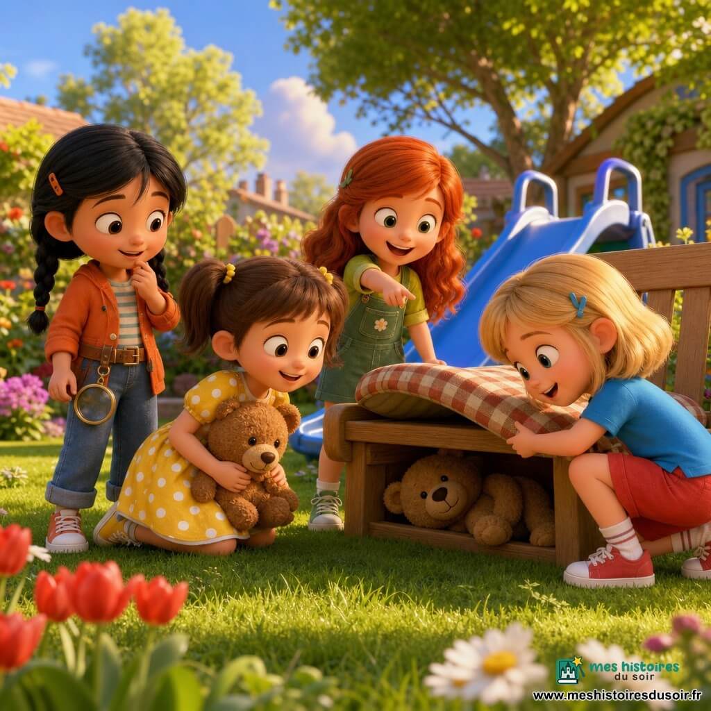 Quatre filles de 5 ans dans un jardin en fin d'après-midi : Lili, cheveux bruns en couettes, robe jaune à pois, tient un nounours marron et regarde un autre nounours caché sous un banc ; Zoé, cheveux blonds courts, t‑shirt bleu et short rouge, accroupie à côté du banc en train de soulever un coussin ; Emma, cheveux longs roux, salopette verte, pointe le banc avec enthousiasme derrière Lili ; Mia, cheveux noirs en tresses, petite veste orange, debout à gauche du banc comme une détective, une loupe à la ceinture. Le jardin est herbeux avec des fleurs colorées, un banc en bois clair avec coussin à carreaux et un toboggan bleu en arrière-plan, lumière chaude, style aux couleurs saturées, textures douces et silhouettes enfantines ; les quatre découvrent le nounours caché sous le banc avec joie et bienveillance.