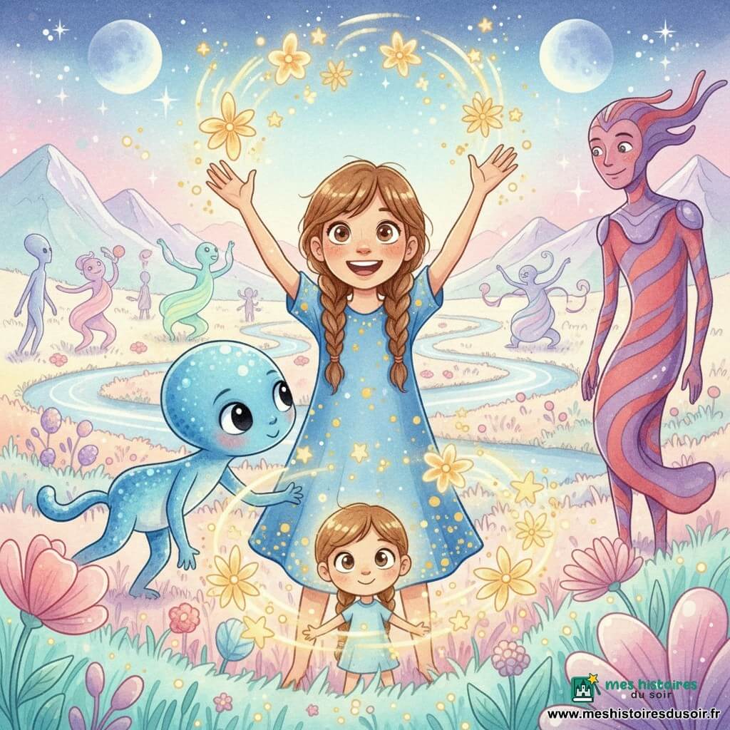 Éléa, une fille de 10 ans aux tresses châtains et au visage souriant, porte une robe bleue ponctuée d’or et se tient au premier plan, les mains levées comme pour attraper des étoiles; à sa gauche, Glim, petite créature alien bleue scintillante à la peau perlée, la regarde amicalement; derrière, à droite, Zorak, chef zoraxien à la silhouette serpentine rayée de rouge et violet, observe avec bienveillance; devant Éléa, Filo, timide et de petit gabarit, émet des halos de lumière dorée qui forment fleurs et étoiles lumineuses autour du groupe; le tout se déroule dans une prairie extra‑terrestre aux herbes pastel, rivières argentées et montagnes arc‑en‑ciel, sous un ciel étoilé avec deux lunes, pendant une fête où les aliens dansent et se transforment en volutes colorées, Filo révélant son talent tandis qu’Éléa applaudit émerveillée.