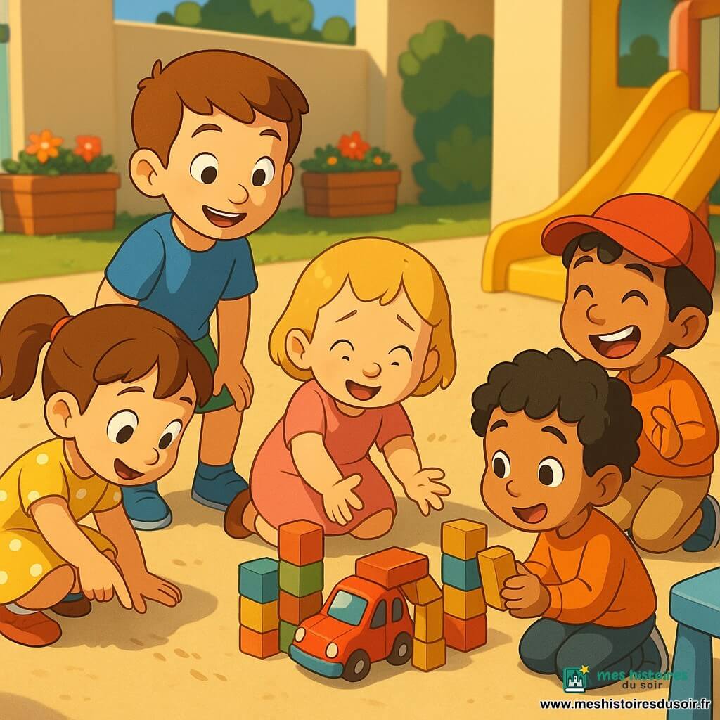 Cinq enfants dans une cour de crèche lumineuse au sol sablé : Zoé, 4 ans, cheveux bruns en couettes, robe jaune à pois, accroupie à gauche et pointant de petites traces dans le sable ; Léo, 4 ans, cheveux châtains courts, tee-shirt bleu et short vert, debout derrière Zoé, souriant et prêt à aider ; Mila, 3 ans, cheveux blonds courts, robe rose, agenouillée au centre près d’une petite voiture rouge, mains tendues, soulagée ; Sami, 4 ans, peau mate, casquette rouge et pantalon beige, à droite, riant avec enthousiasme ; Hugo, 3 ans, cheveux noirs bouclés, pull orange, timide, un peu en retrait à genoux derrière une petite table, tenant un cube en bois. On voit des cubes colorés empilés, une petite table plastique bleue, un bac à sable, un toboggan jaune et des jardinières fleuries ; lumière douce du matin, couleurs vives. Les enfants ont retrouvé une petite voiture rouge entourée d’un garage improvisé en cubes ; ils forment un demi-cercle chaleureux autour d’elle, l’atmosphère est d’entraide et de joie.