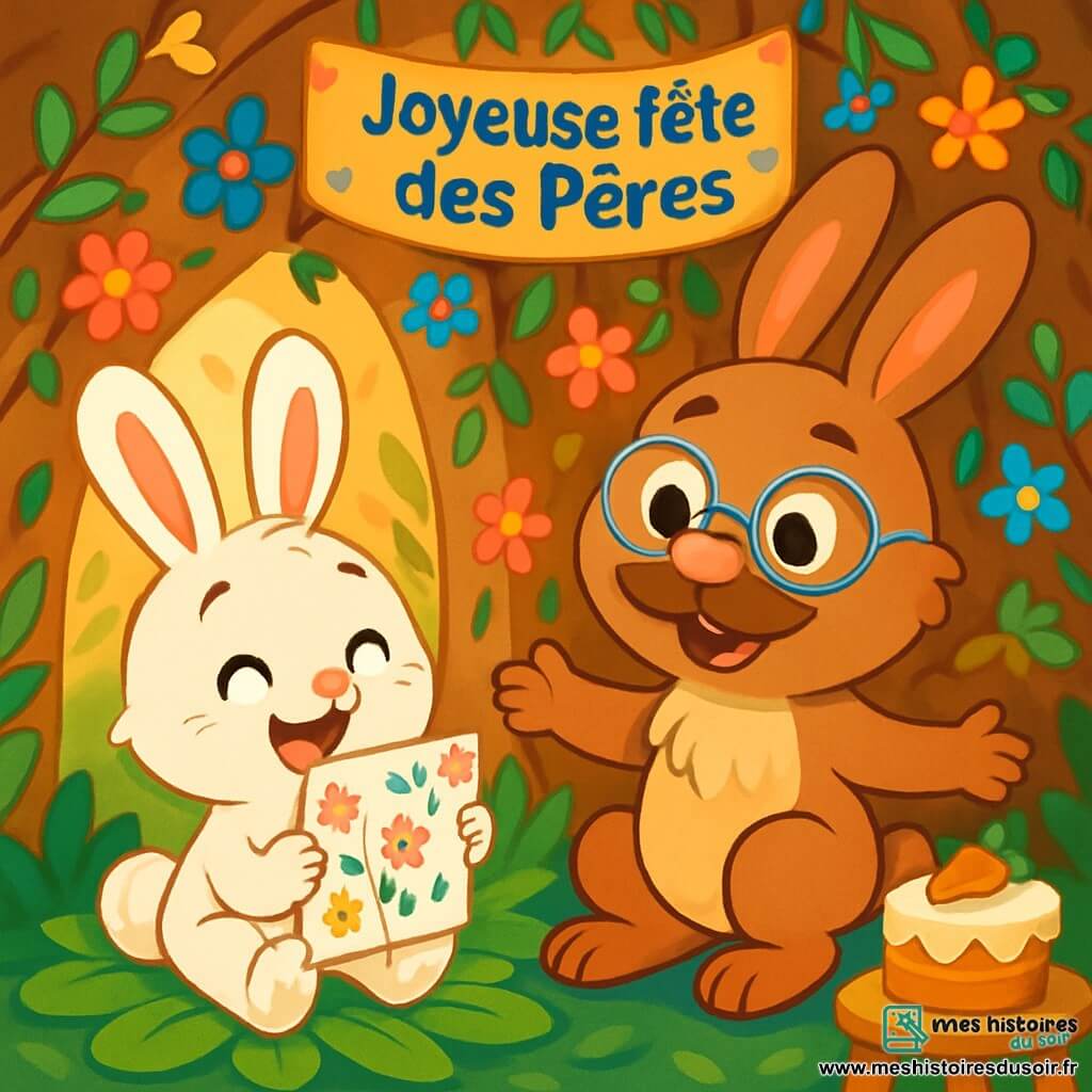 Petit Lapin, un petit lapin aux grandes oreilles et à la fourrure douce et blanche, est assis sur un tapis de feuilles vertes, souriant joyeusement. Il tient un poème sur un joli papier décoré de fleurs colorées. À côté de lui, Papa Lapin, un grand lapin brun avec une moustache amusante et des lunettes rondes, regarde le poème avec fierté et émotion, assis sur une petite pierre, les bras ouverts pour étreindre son fils. La scène se déroule dans un terrier douillet, avec des murs de feuilles et de fleurs, et une lumière douce filtrant à travers l'entrée. Petit Lapin offre son poème à son papa, entouré de décorations pour la fête des pères, avec un gâteau aux carottes sur une petite table en bois à côté d'eux.
