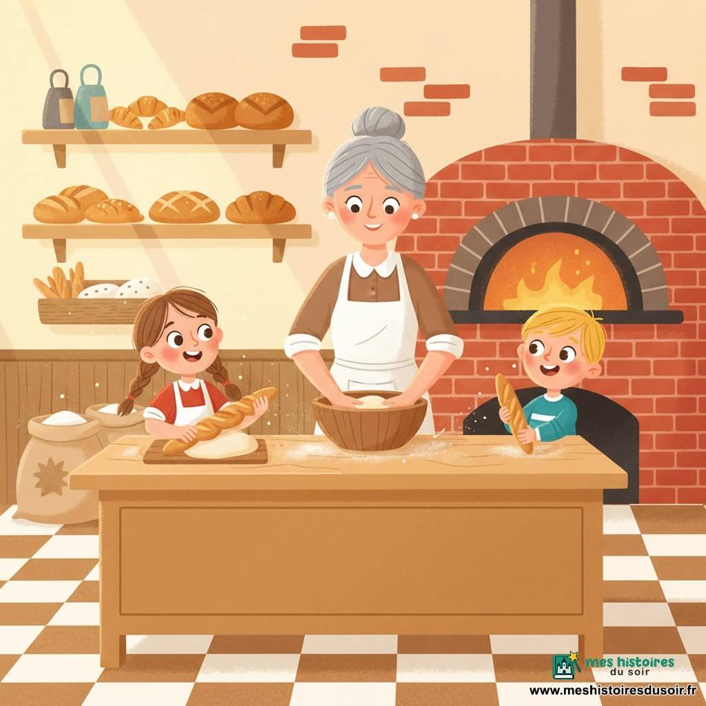 Madame Margot, boulangère souriante aux cheveux gris en chignon et tablier poudré de farine, montre comment pétrir la pâte dans un grand bol en bois pendant que Clara, 8 ans, deux nattes, façonne une longue baguette à gauche et Lucas, 5 ans, cheveux blonds, tient une petite baguette à droite; la boulangerie chaleureuse, avec comptoir en bois clair, sacs de farine, étagères de croissants et pains, un grand four en brique rouge éclairé d'une lueur orange et un sol en damier, baigne dans un rayon de lumière matinale tandis que la farine vole en poussières blanches, les rires fusent et l'ambiance cosy, gourmande et aux couleurs vives évoque des formes simples adaptées aux tout-petits.
