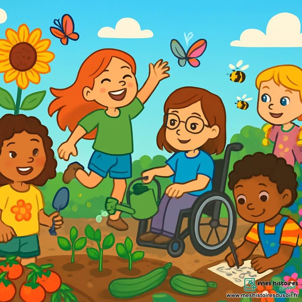 Il y a 5 enfants dans un jardin ensoleillé : Lila, 8 ans, avec des cheveux bouclés, porte un T-shirt jaune et tient une petite pelle. Clara, 9 ans, pleine d’énergie, danse en short en jean et T-shirt vert. Emma, 8 ans, assise dans un fauteuil roulant, arrose les plantes avec un arrosoir. Sofia, 8 ans, avec des cheveux frisés, dessine des étiquettes pour les plantes. Nora, 8 ans, observe les abeilles, habillée d’un T-shirt rose. Le jardin est rempli de fleurs colorées, de légumes, de tournesols, et des papillons volent autour. Les enfants travaillent ensemble, riant et s’entraidant, créant une atmosphère de camaraderie et de joie en célébrant leur amour pour la nature.