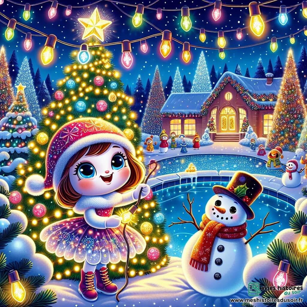 Lumi, une guirlande lumineuse, brille de mille couleurs sur un sapin de Noël, entourée de flocons de neige. Ses yeux pétillent d'excitation alors qu'elle prépare une surprise pour son ami. À ses côtés, Bouli, un bonhomme de neige souriant, admire le jardin illuminé, entouré de neige scintillante. Le jardin de l'école est féerique, recouvert d'une épaisse couche de neige, avec des sapins décorés. Lumi et ses amis décorations illuminent le jardin pour surprendre Bouli, créant un spectacle de lumière joyeux et magique.