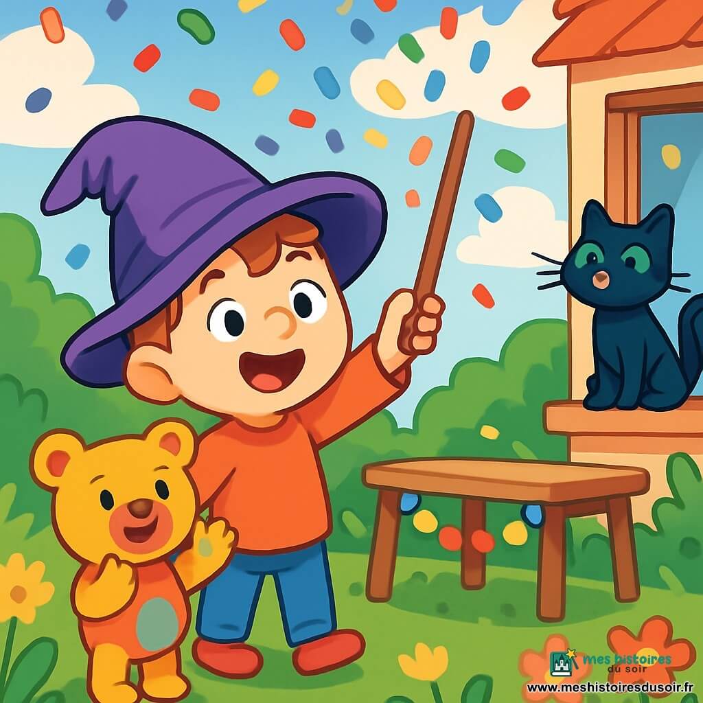 Un jeune garçon, Nino, apprenti sorcier de trois ans, sourit avec des yeux pétillants d'excitation tout en tenant une baguette magique en bois, entouré de confettis colorés. À ses côtés, son doudou Pompon, un ours en peluche aux couleurs vives, applaudit joyeusement. Plus loin, le chat Magi-Minou, un chat noir aux yeux verts, observe les confettis avec curiosité. La scène se déroule dans un jardin ensoleillé, rempli de fleurs, de verdure et d'une table en bois décorée de guirlandes de confettis. Le ciel est bleu avec des nuages blancs, et une pluie de confettis tombe doucement. Nino crée une pluie de confettis joyeuse, tandis que les voisins rient et s'amusent, transformant la scène en une fête magique.