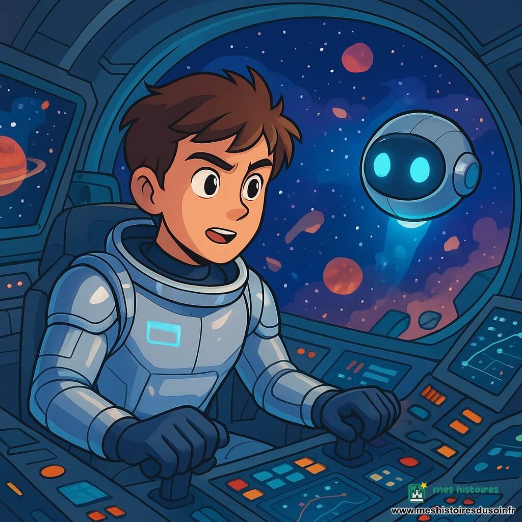 Un homme, Jonas, est assis dans la cabine de pilotage d'une capsule spatiale, concentré et excité. Il porte une combinaison spatiale argentée et ses cheveux bruns sont légèrement ébouriffés. Ses mains sont sur les commandes, regardant les écrans de contrôle. À côté de lui, un drone métallique flottant, Orbi, projette une lumière bleue douce et semble analyser les données. La cabine est équipée de panneaux de contrôle futuristes avec des boutons colorés et des graphiques. À travers le hublot, un ciel étoilé et des planètes colorées sont visibles. Jonas manœuvre la capsule pour éviter un nuage de microdébris, créant une atmosphère dynamique et aventureuse.