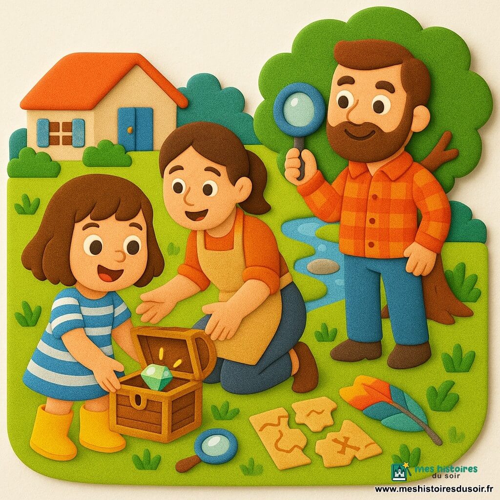 Fillette de 4 ans, joyeuse, cheveux châtains courts, robe rayée bleu et blanc et bottes jaunes, tient un petit coffre en bois ouvert avec une pierre brillante; derrière elle, la mère (~30 ans) souriante, cheveux attachés, en tablier, accroupie et tend la main; à côté d’un vieux chêne, le père (~35 ans), barbu léger, en chemise à carreaux, tient une loupe et regarde fièrement; jardin lumineux avec ruisseau, maison aux volets bleus; au sol près du coffre : morceaux de carte assemblés, papier froissé, plume colorée et petit miroir; ambiance douce et colorée, contrastes nets, formes simples et contours arrondis, textures type mousse EVA, couleurs vives et pastel, composition centrée et cadrage rapproché, expressions claires et lisibles.