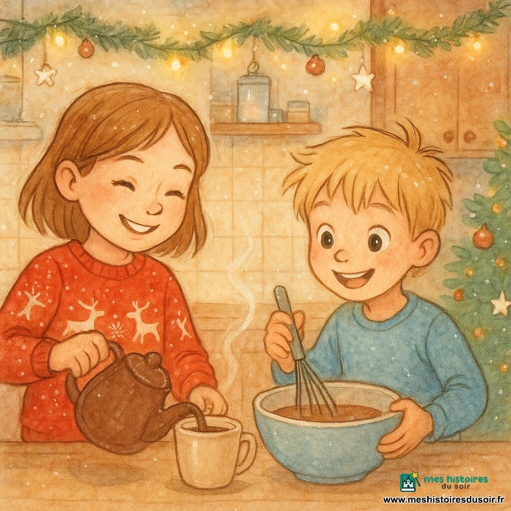 Lou, une fille de 8 ans aux cheveux châtain clair, porte un pull rouge avec des motifs de rennes et arbore un sourire radieux. Elle verse du chocolat chaud dans une tasse, concentrée et joyeuse. Jules, son petit frère de 6 ans, a des cheveux blonds en bataille et des yeux pétillants. Il tient un fouet et mélange le chocolat chaud avec enthousiasme à côté de Lou. La cuisine est chaleureuse et accueillante, décorée pour Noël avec des guirlandes lumineuses. Lou et Jules préparent ensemble un chocolat chaud, créant une ambiance de complicité et de joie festive.