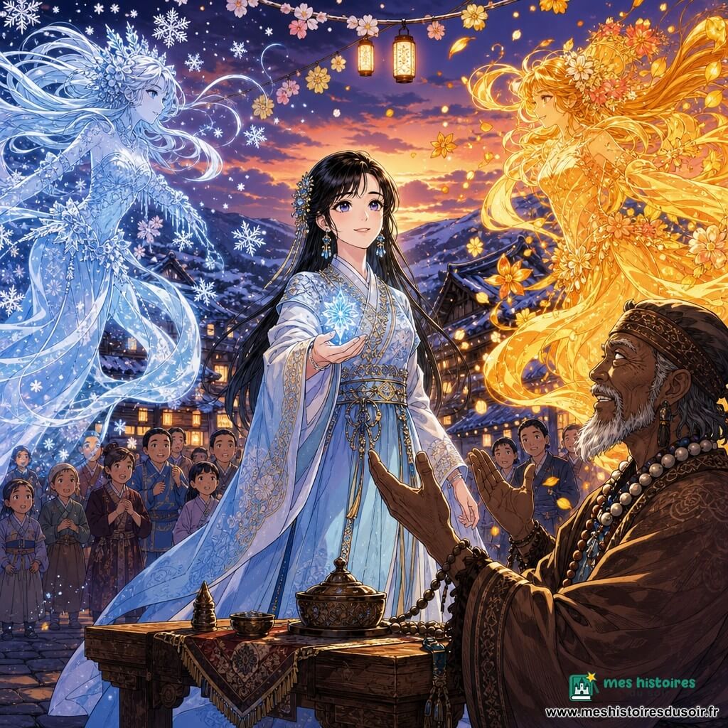 Haejin, jeune femme d'environ 20 ans au visage doux et regard déterminé, cheveux noirs aux reflets bleutés, en robe brodée bleu pâle et or, tend une petite fleur de glace scintillante au centre d'une cérémonie de mariage des saisons sur la place pavée du village de Gyeoul au crépuscule, l'Esprit de l'Hiver translucide argenté et l'Esprit de l'Été doré flottant et dansant de part et d'autre, tandis qu'un chaman d'environ 60 ans, ridé et barbu, officie devant une foule émerveillée; ambiance magique et harmonieuse, contrastes de bleus glacés et ors chauds, style mangas clair, couleurs vives, textures détaillées et éclairage dramatique.