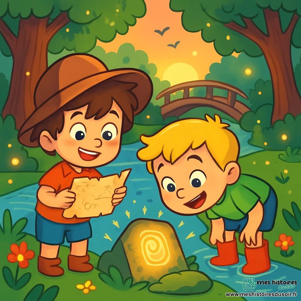 Léo et Tim, deux garçons de 5 ans, explorent une rivière scintillante. Léo, avec ses cheveux bruns en bataille et un grand chapeau, tient une carte froissée, tandis que Tim, en bottes rouges, observe une pierre brillante. La rivière est entourée d'arbres et d'un petit pont en bois, avec des fleurs colorées et des lucioles illuminant le paysage. Ils découvrent une pierre gravée sous la mousse, émerveillés par sa lumière, tandis que des oiseaux chantent et que le soleil se couche, projetant des ombres douces.