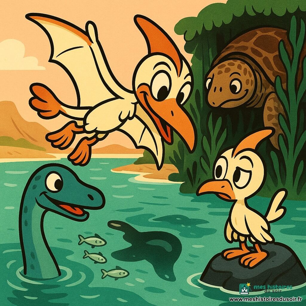 Nina, une jeune ptérodactyle crème aux crêtes orange, plane au-dessus de l'eau, curieuse, ailes déployées face à une ombre qui devient Anna, une immense archélon brune émergeant d'algues; Jasmyn, sa petite sœur au plumage plus pâle, est perchée sur un rocher à droite, et Théo, un élasmosaure bleu-vert, apparaît à gauche avec un sourire timide; le tout sur une côte préhistorique lumineuse aux eaux bleu-vert, algues sombres et ciel saumon, poissons argentés s'enfuyant en bancs, atmosphère surprenante et chaleureuse, style aux traits nets, couleurs saturées, contours épais et formes souples rappelant le rubber hose.
