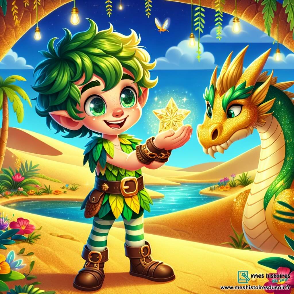 Au centre de l'image, Tomi, un petit lutin joyeux aux cheveux verts et aux yeux curieux, se tient sur une dune de sable doré. Il porte une tunique en feuilles colorées et tient un cristal d'étoile ancienne brillant. À ses côtés, Seraphius, un dragon de sable aux écailles dorées et aux yeux doux, se penche vers lui avec bienveillance. Le décor est une oasis magique avec des palmiers, des fleurs lumineuses et une eau cristalline, tandis que des lucioles dansent dans l'air chaud. Tomi présente fièrement le cristal à Seraphius, créant une atmosphère magique.