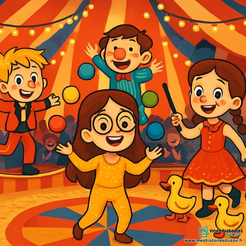 Quatre enfants sont en spectacle sous un chapiteau de cirque. Clara, 8 ans, jongle avec des balles colorées, vêtue d'un costume d'acrobate doré. Lucas, 9 ans, marche sur un fil tendu en jongleur, habillé de rouge et noir. Emma, 7 ans, entourée de canards, porte une robe de dompteuse d'animaux. Max, 8 ans, déguisé en clown, fait des grimaces à l'arrière. Le chapiteau aux rayures rouges et blanches est illuminé, et des spectateurs applaudissent, créant une atmosphère magique et joyeuse.